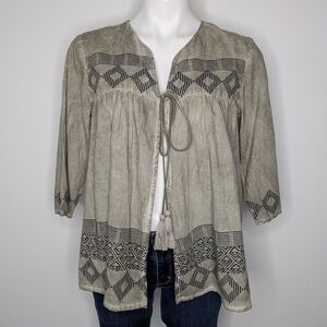 Crosstree Lane Muted Green Black Geometric Tie Front Cotton Cover Up Top L